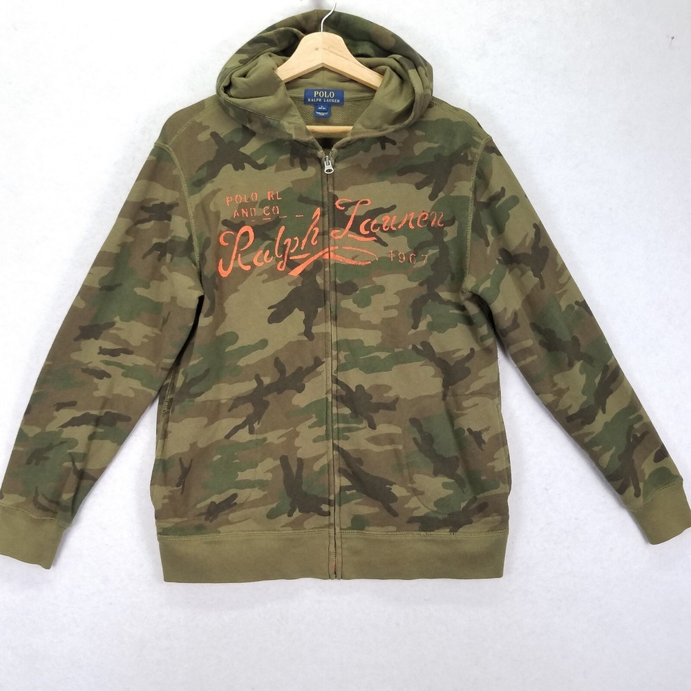 Polo Ralph Lauren Camo Hoodie Youth Size L 14/16 Green Full Zip Large Print
